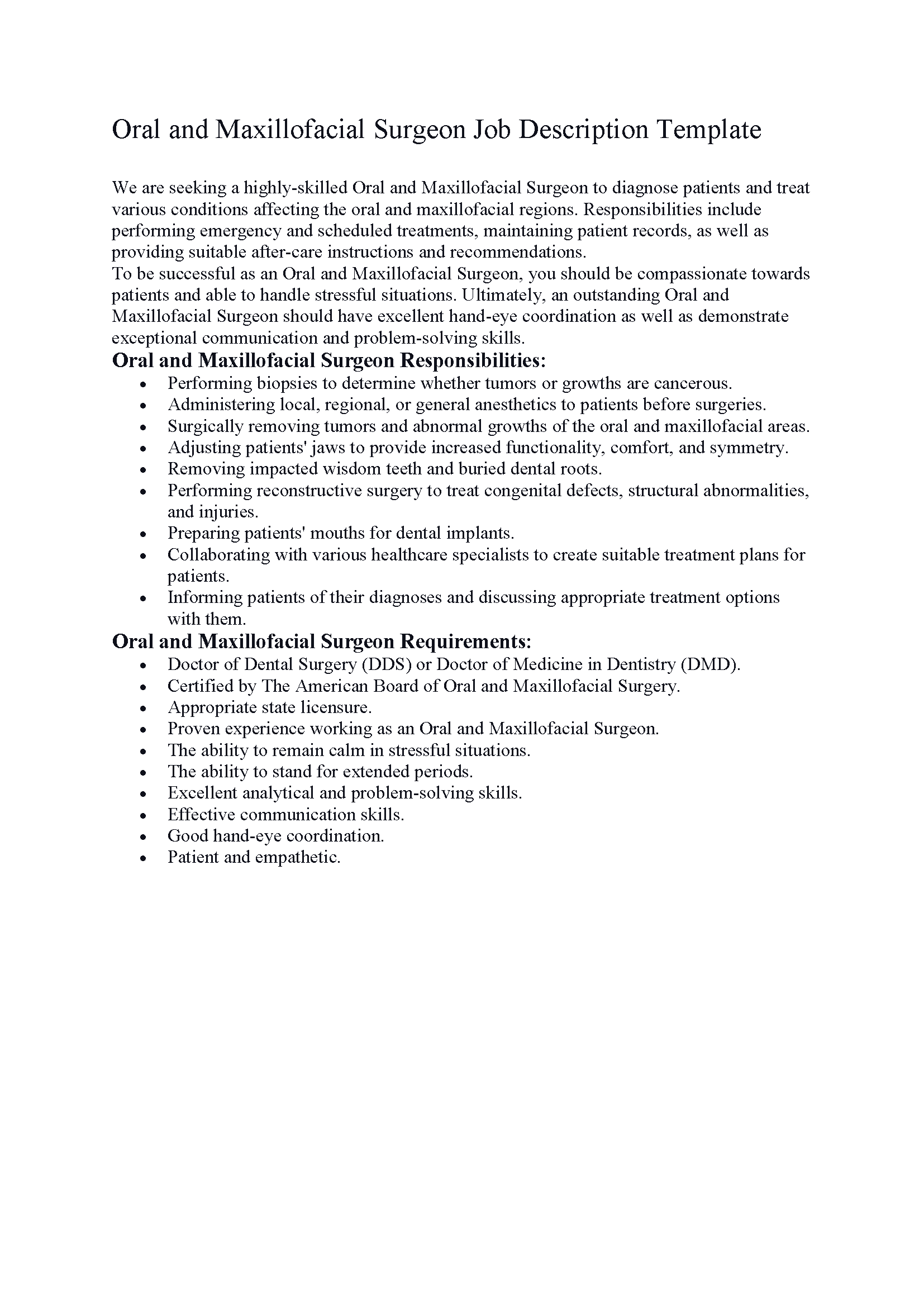Oral and Maxillofacial Surgeon Job Description Template
